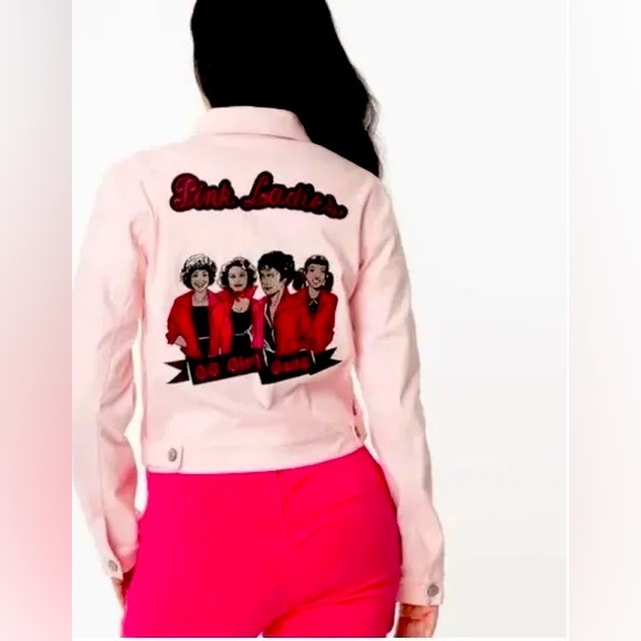 NWT Unique Vintage Pink Ladies Grease Denim Jacket, 1X/16 - Picture 1 of 5